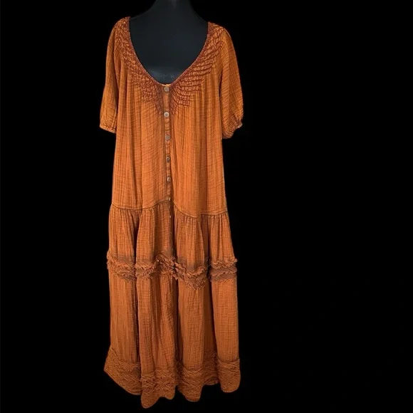 Free People Sunday Stroll smock Brown Bohemian Maxi Dress in Vintage Wash sizeXL - Picture 1 of 12